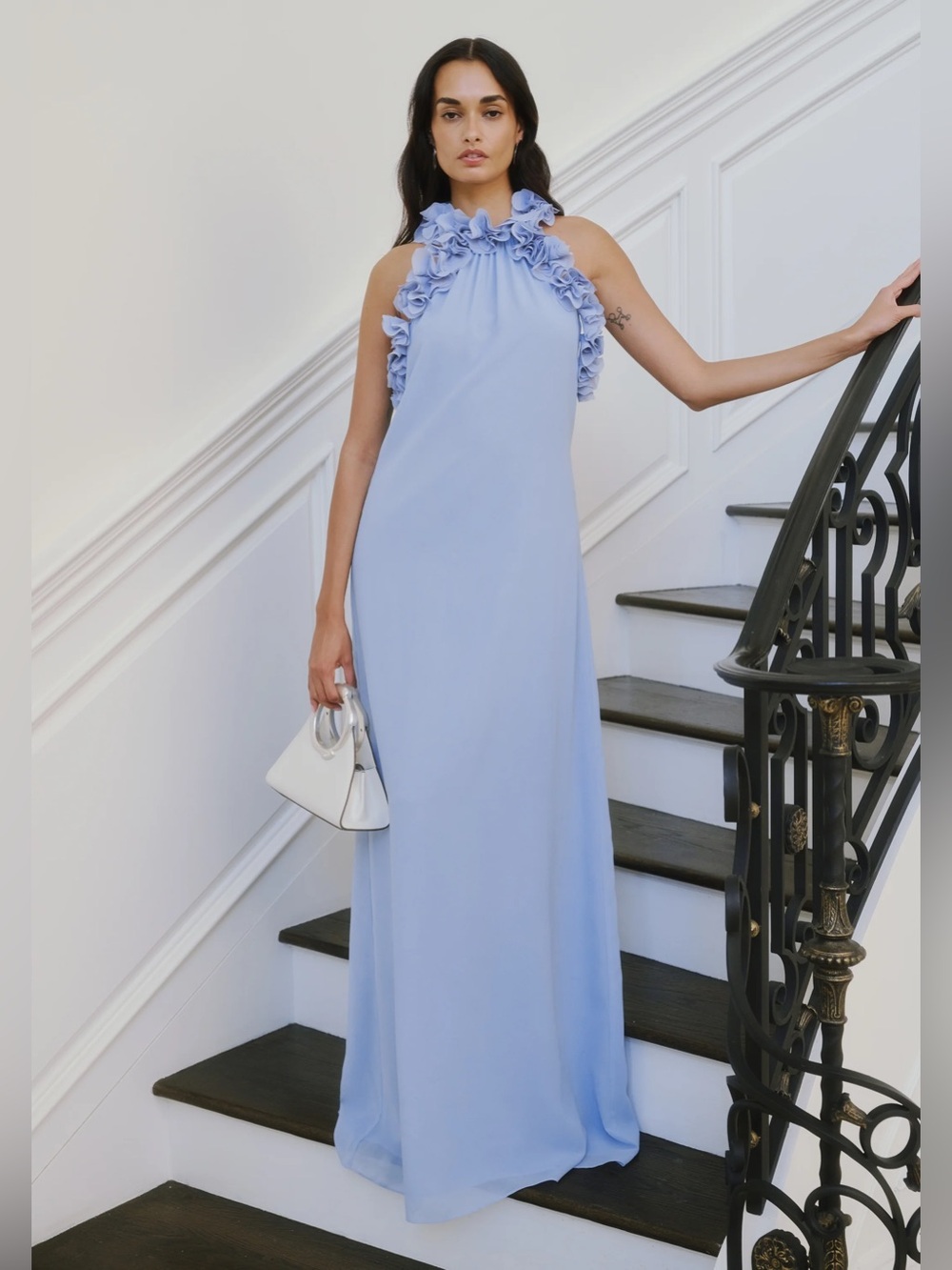 Few Moda o.p.t. Marie Elegant Light Blue Ruffle Halter Evening Dress